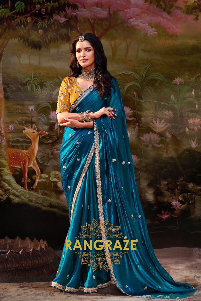 Peacock Blue Mustard: Designer Organza Embroidered Saree