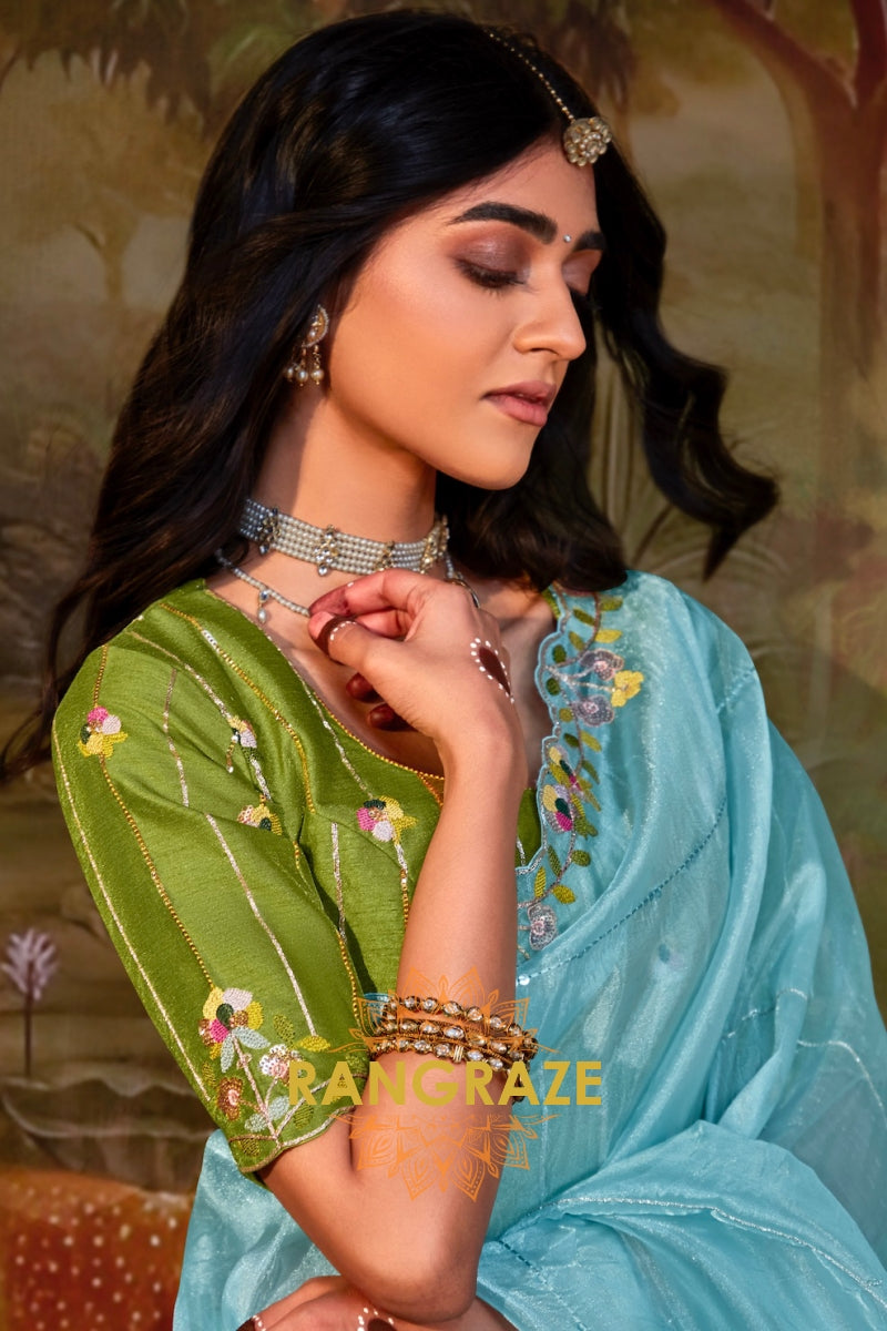 Celeste Green: Designer Organza Floral Embroidered Saree