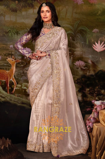 Champagne Lilac: Designer Organza Embroidered Saree