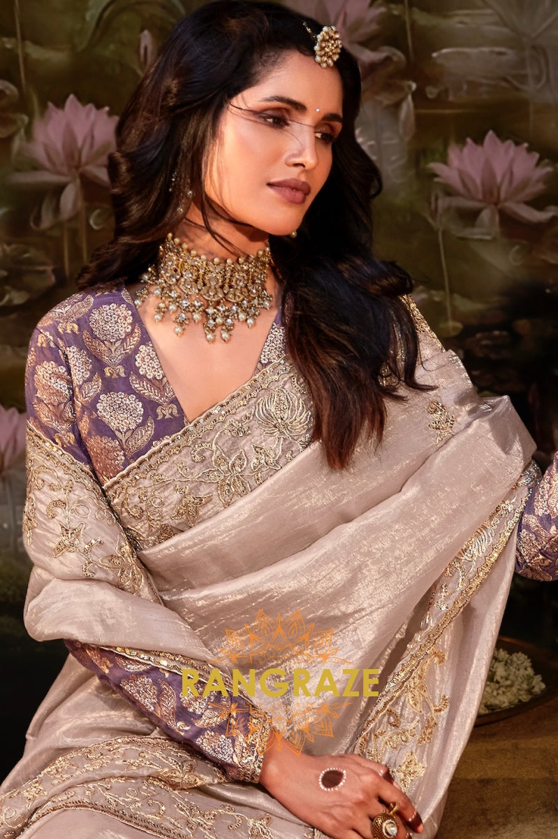 Champagne Lilac: Designer Organza Embroidered Saree