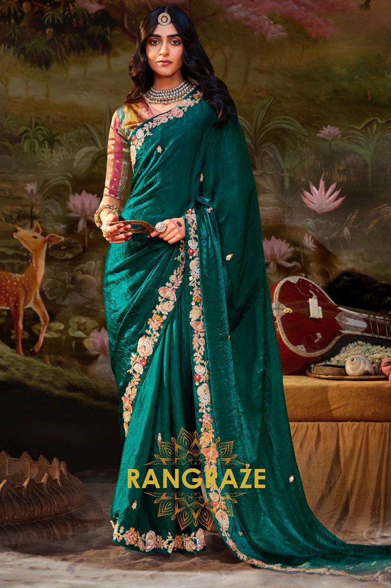 Emerald Mustard: Designer Silk Embroidered Saree