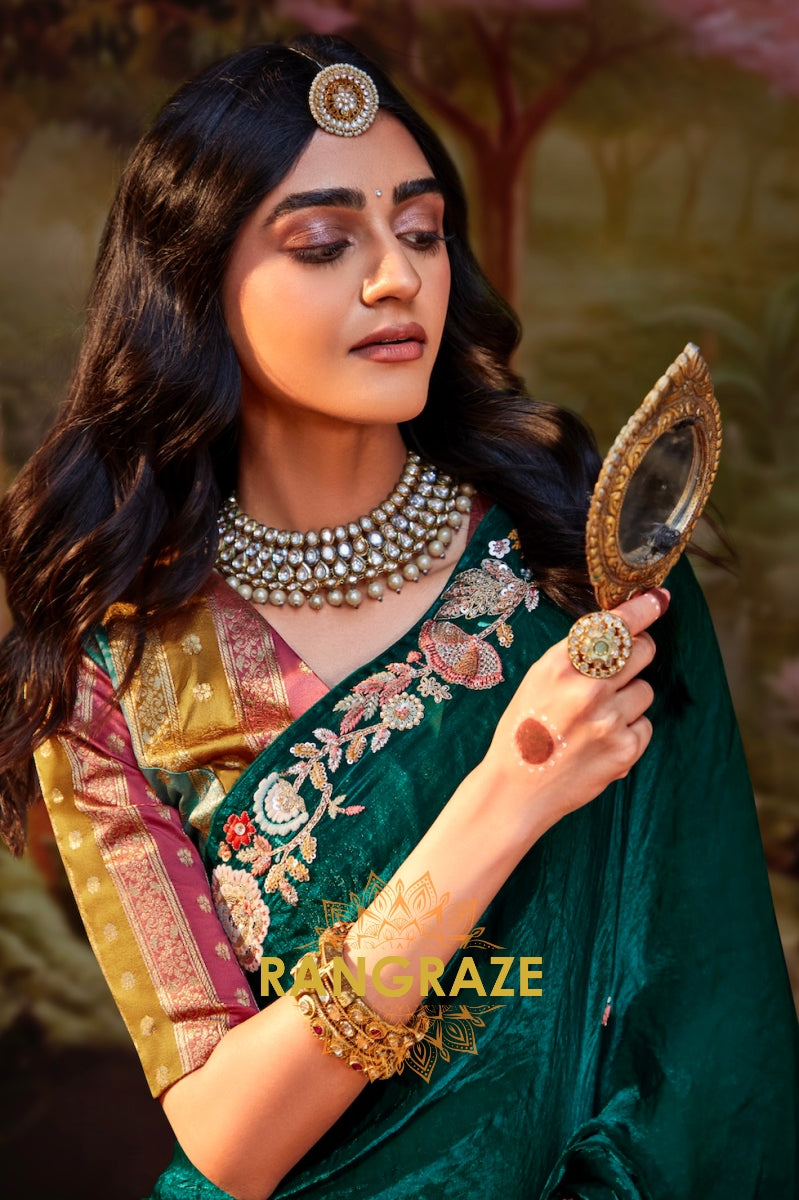 Emerald Mustard: Designer Silk Embroidered Saree