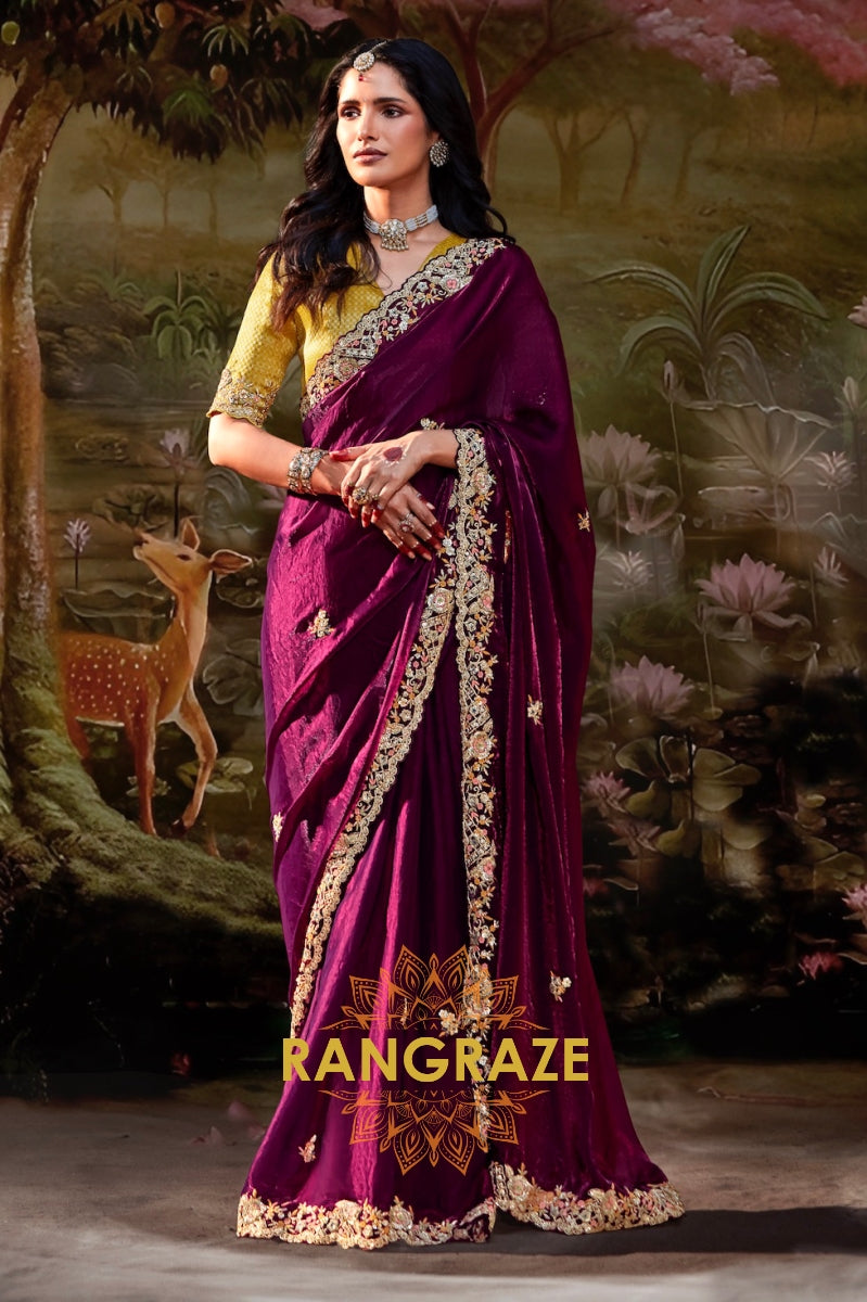 Plum Gold: Designer Embroidered Organza Saree