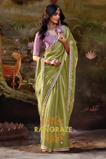 Olive and Lavender: Designer Silk Embroidered Saree