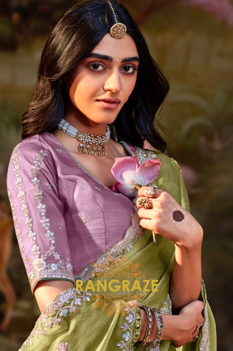 Olive and Lavender: Designer Silk Embroidered Saree