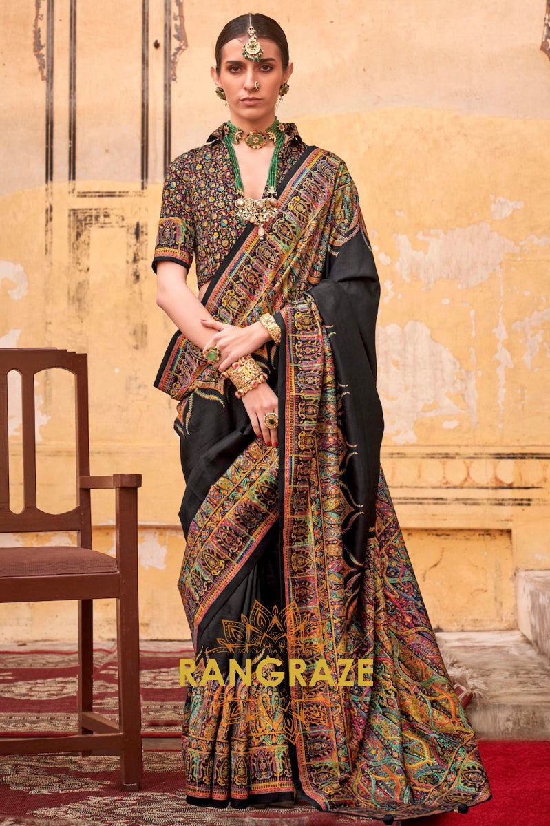Onyx Black & Multicolor Printed Premium Silk Saree