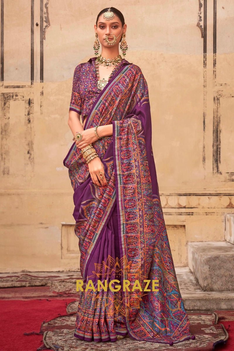 Deep Purple & Multicolor Printed Premium Silk Saree