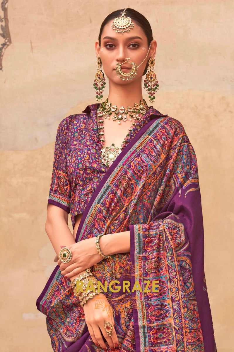 Deep Purple & Multicolor Printed Premium Silk Saree