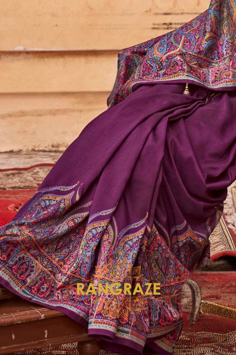 Deep Purple & Multicolor Printed Premium Silk Saree