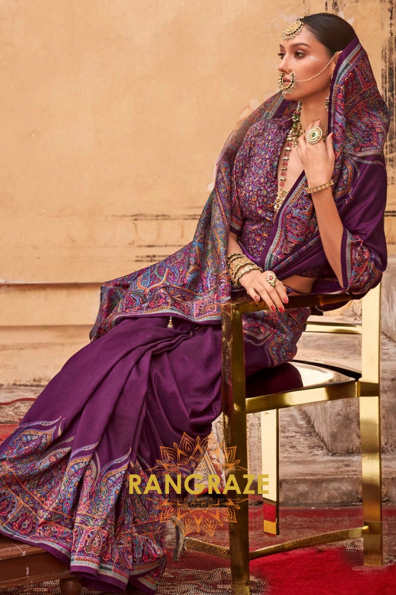 Deep Purple & Multicolor Printed Premium Silk Saree