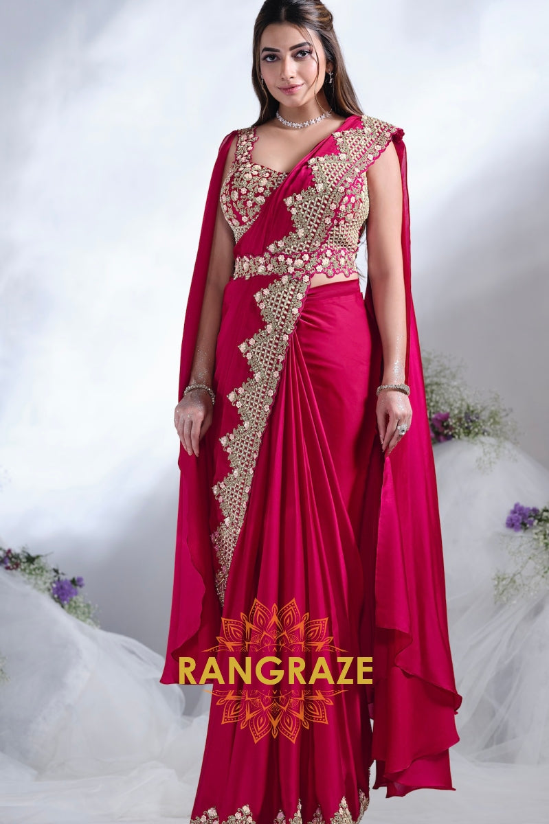 Crimson Glamour: Ready-to-Wear Designer Embellished Saree