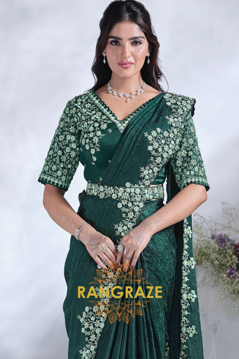 Emerald Grace: Designer Embroidered Ready-to-Wear Saree