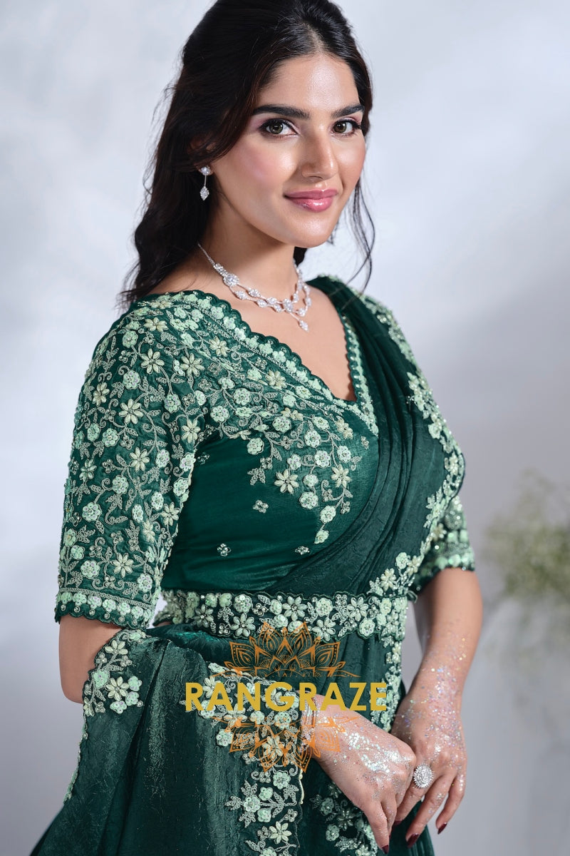 Emerald Grace: Designer Embroidered Ready-to-Wear Saree