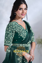 Emerald Grace: Designer Embroidered Ready-to-Wear Saree