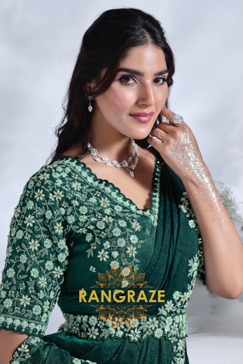 Emerald Grace: Designer Embroidered Ready-to-Wear Saree