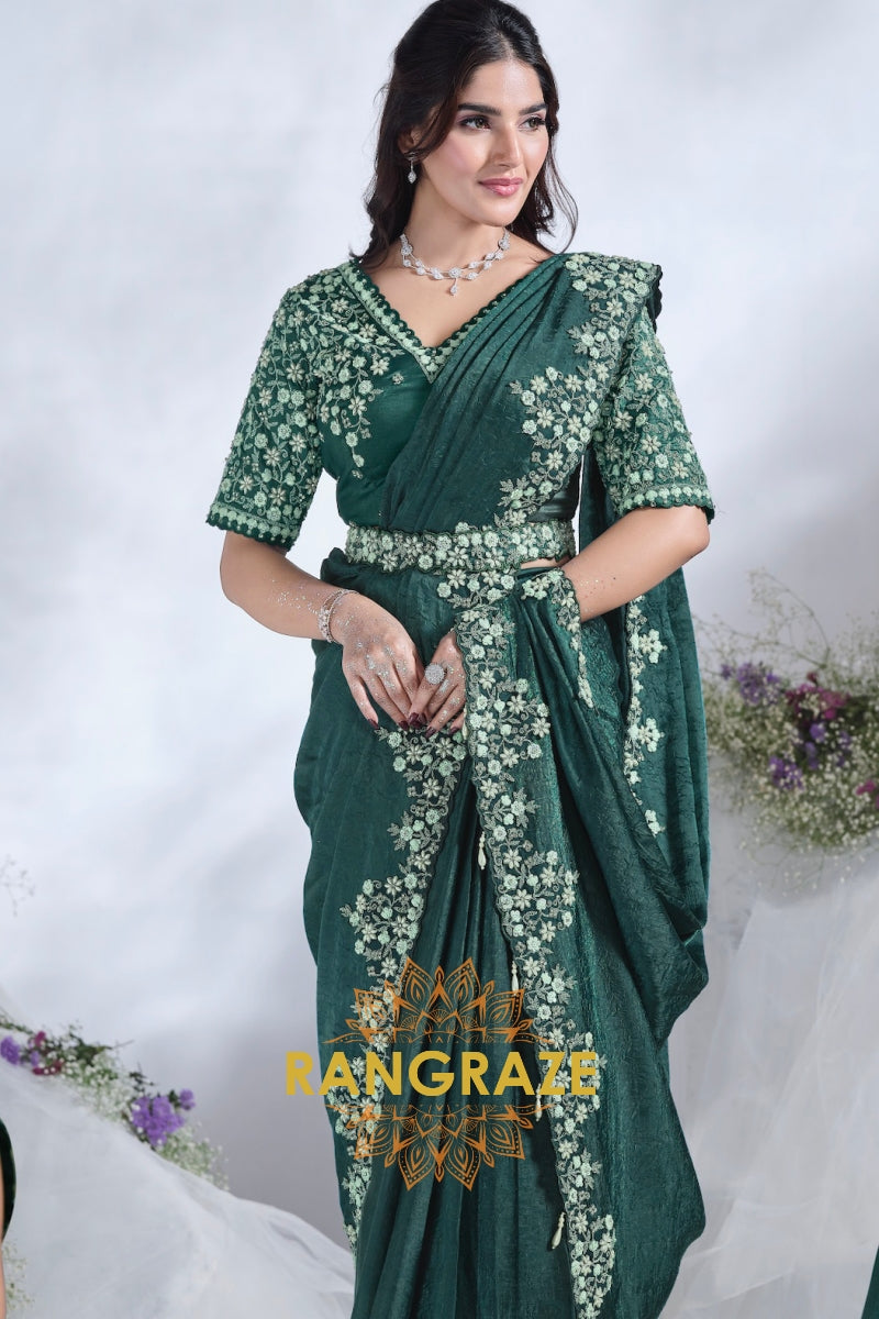 Emerald Grace: Designer Embroidered Ready-to-Wear Saree