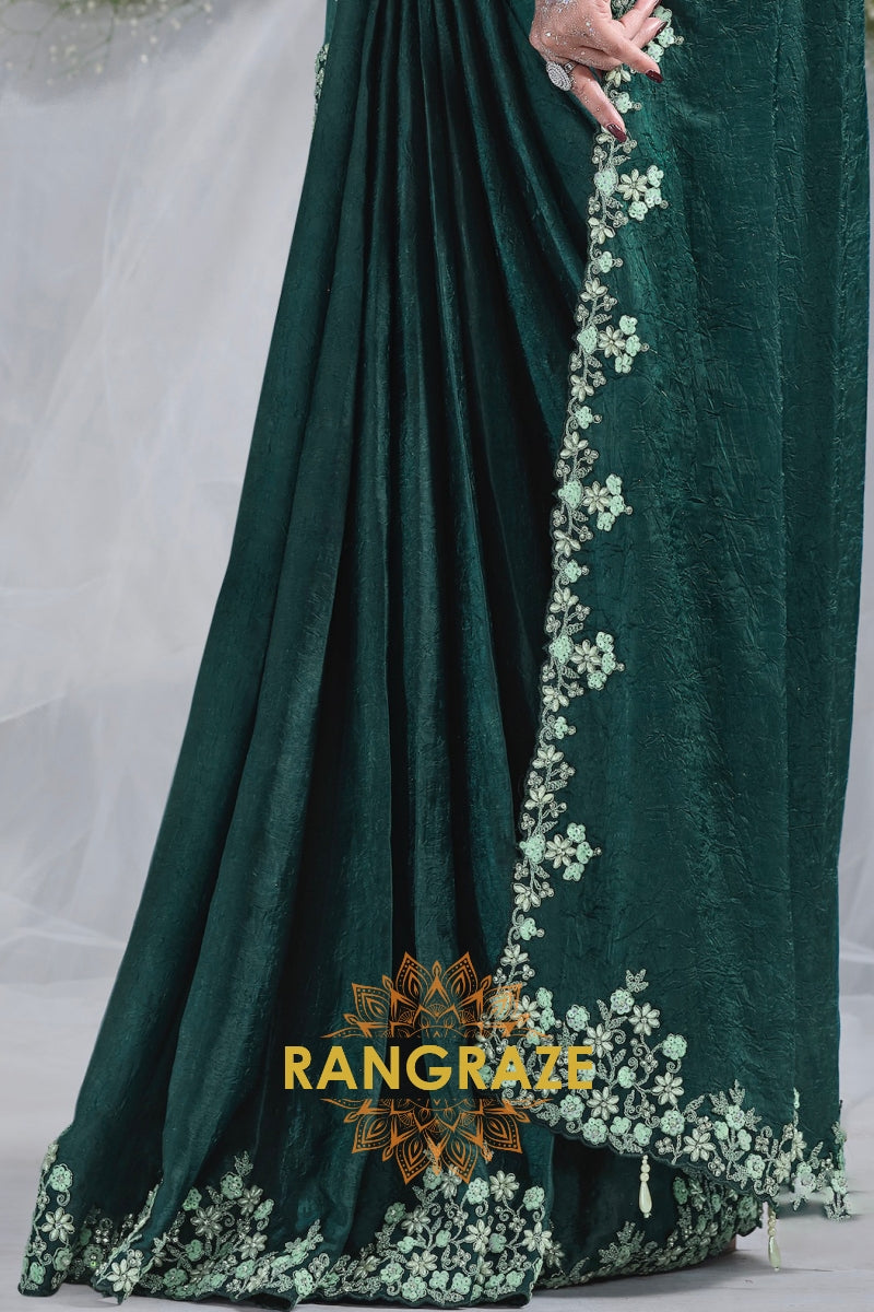 Emerald Grace: Designer Embroidered Ready-to-Wear Saree