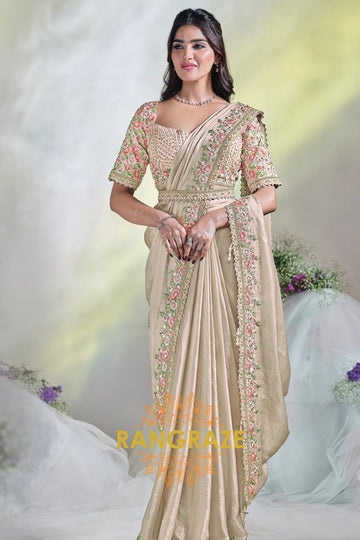 Blush Beige Bloom: Ready-to-Wear Designer Embellished Saree