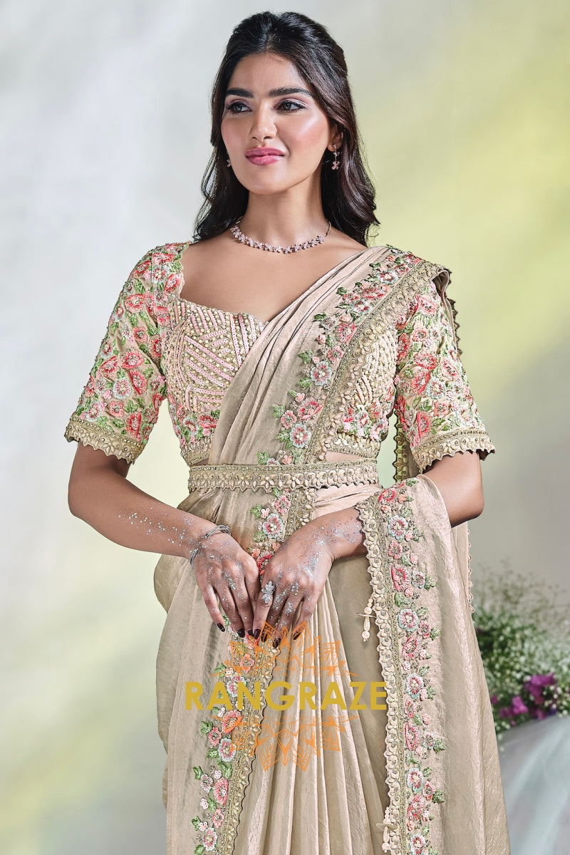 Blush Beige Bloom: Ready-to-Wear Designer Embellished Saree