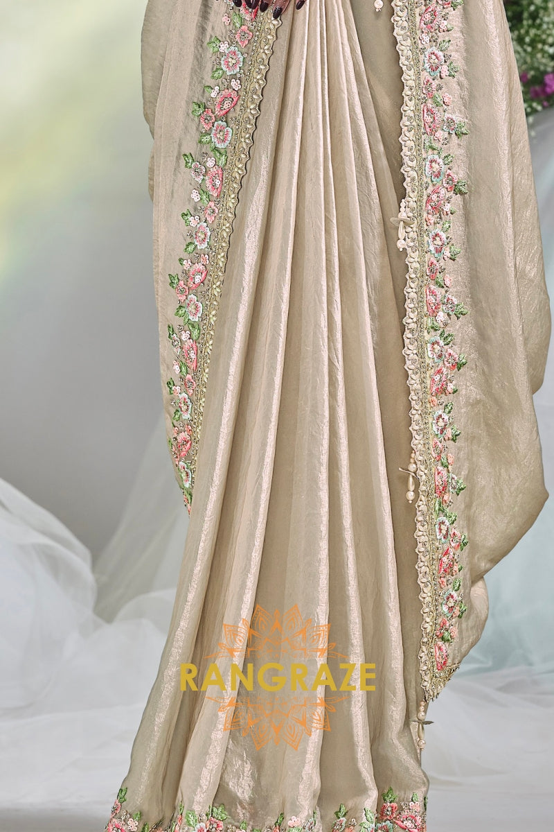 Blush Beige Bloom: Ready-to-Wear Designer Embellished Saree