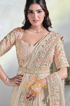 Blush Beige Bloom: Ready-to-Wear Designer Embellished Saree