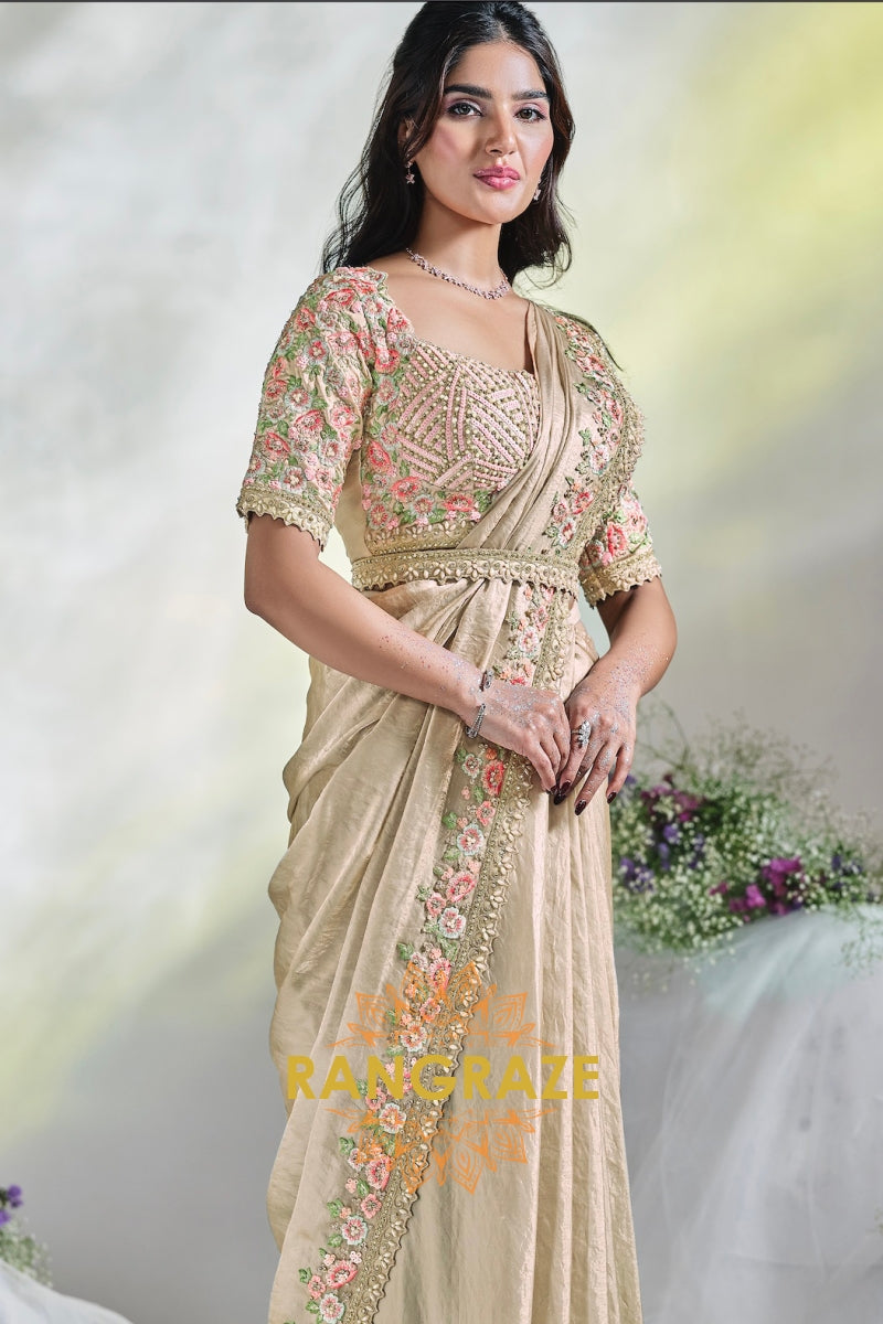 Blush Beige Bloom: Ready-to-Wear Designer Embellished Saree