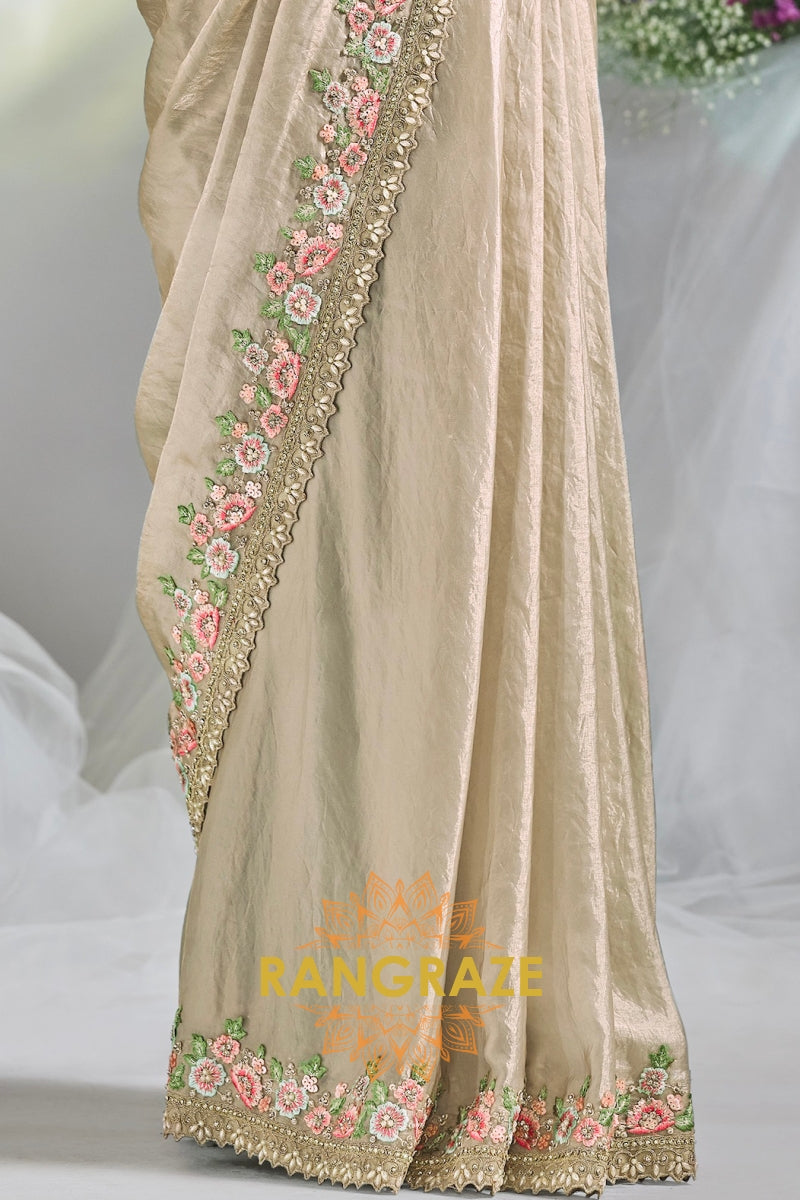 Blush Beige Bloom: Ready-to-Wear Designer Embellished Saree