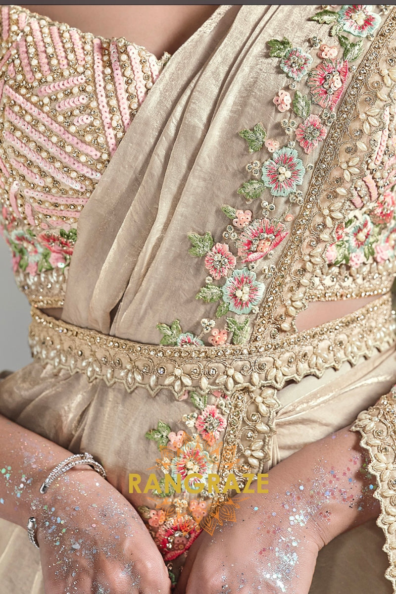 Blush Beige Bloom: Ready-to-Wear Designer Embellished Saree