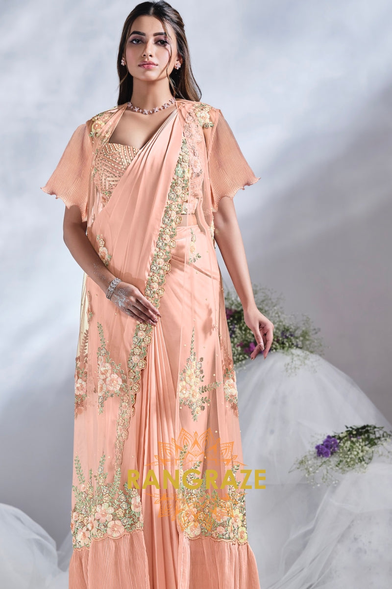 Peach Blossom Grace: Ready-to-Wear Designer Embellished Saree with Designer Shrug