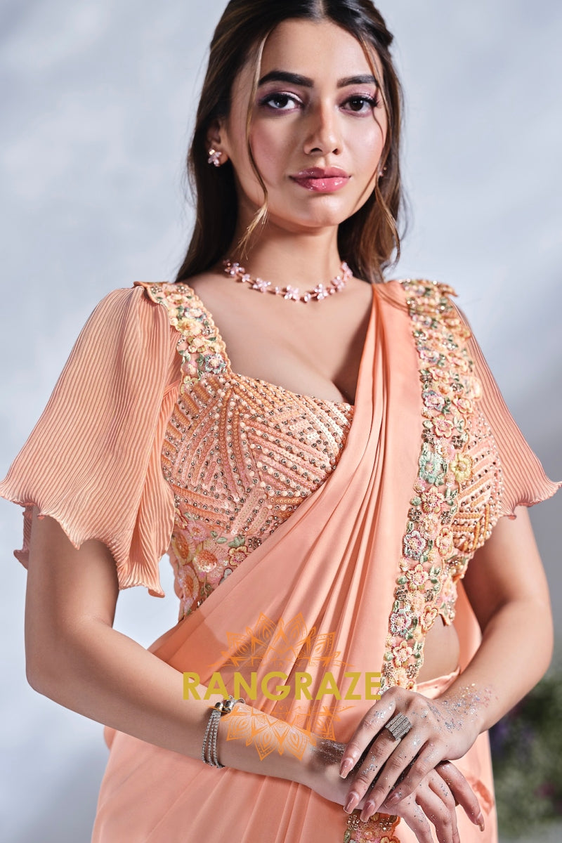 Peach Blossom Grace: Ready-to-Wear Designer Embellished Saree with Designer Shrug