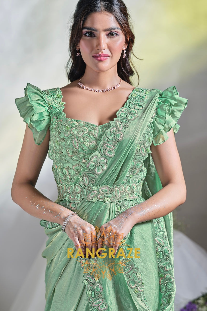 Mint Dream: Ready-to-Wear Designer Embellished Saree with Embroidered Belt