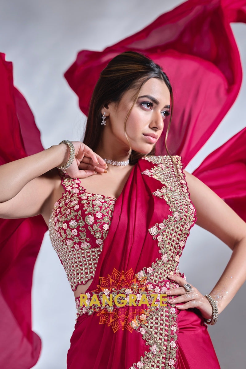 Crimson Glamour: Ready-to-Wear Designer Embellished Saree