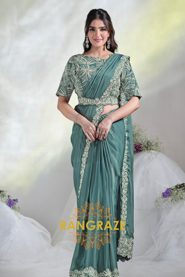 Emerald Bloom: Ready-to-Wear Designer Embellished Saree