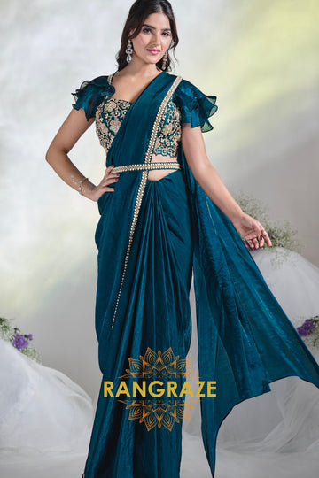 Teal Enchantment: Ready-to-Wear Designer Embellished Saree