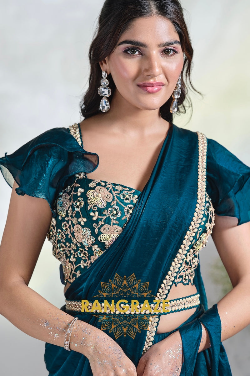 Teal Enchantment: Ready-to-Wear Designer Embellished Saree