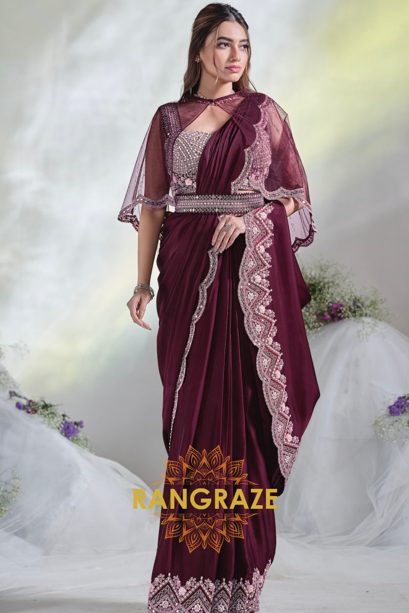 Wine Majesty: Ready-to-Wear Designer Embellished Saree with Cape