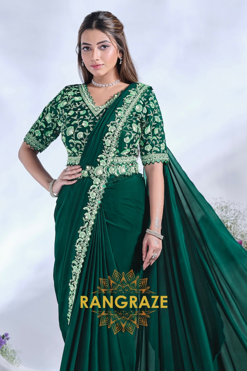 Emerald Elegance: Ready-to-Wear Designer Embellished Saree