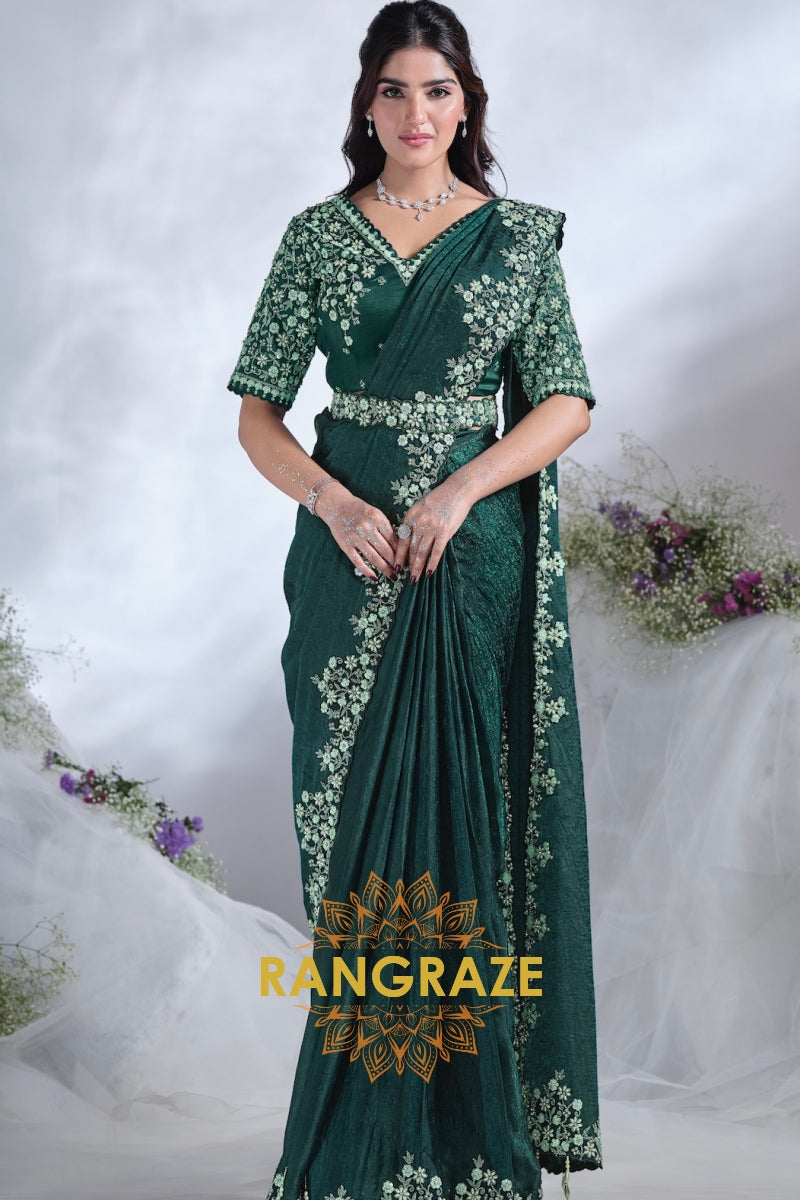 Emerald Grace: Designer Embroidered Ready-to-Wear Saree