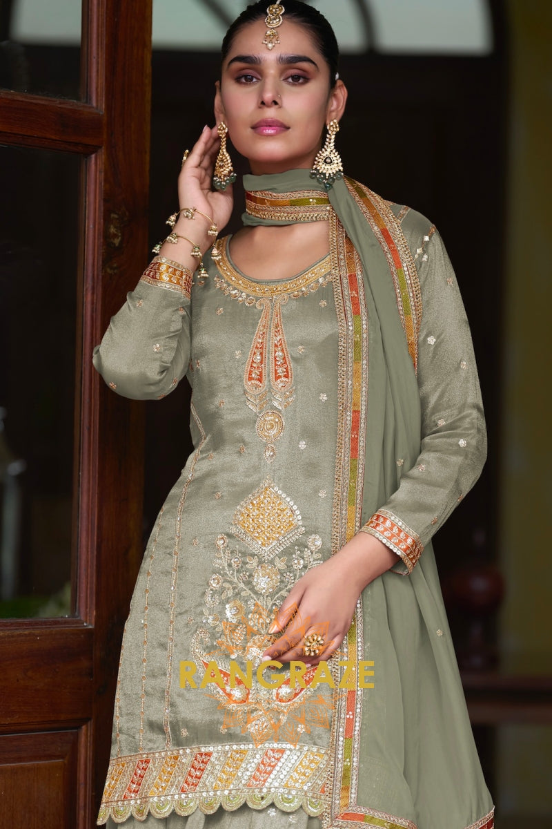 RangRaze Mehr-E-Zaitoon Fine Shimmer Silk Embroidered Sharara Suit Set