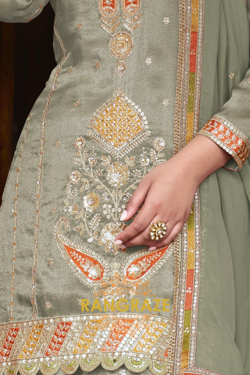 RangRaze Mehr-E-Zaitoon Fine Shimmer Silk Embroidered Sharara Suit Set