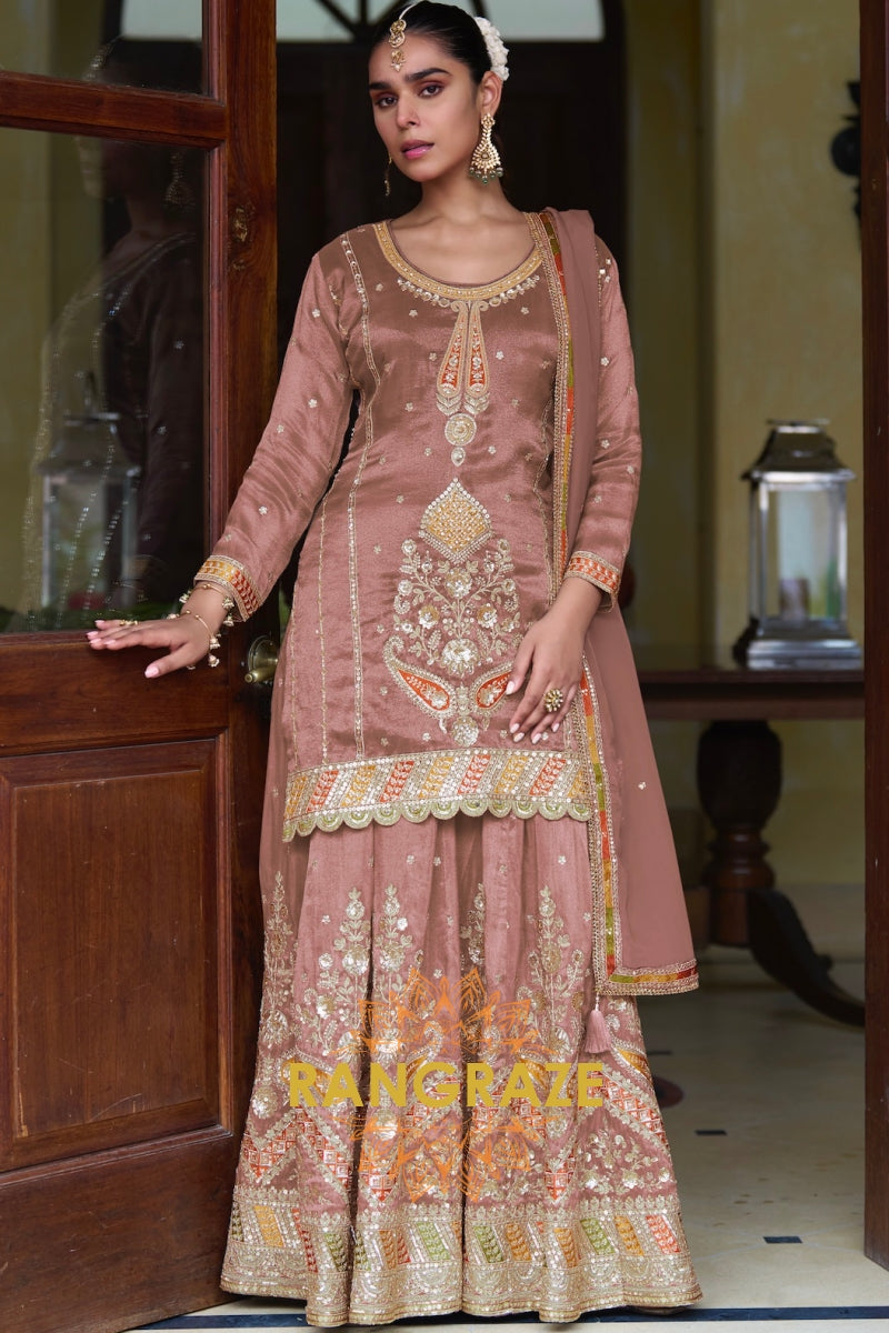 RangRaze Gul-E-Shaam Fine Shimmer Silk Embroidered Sharara Suit Set