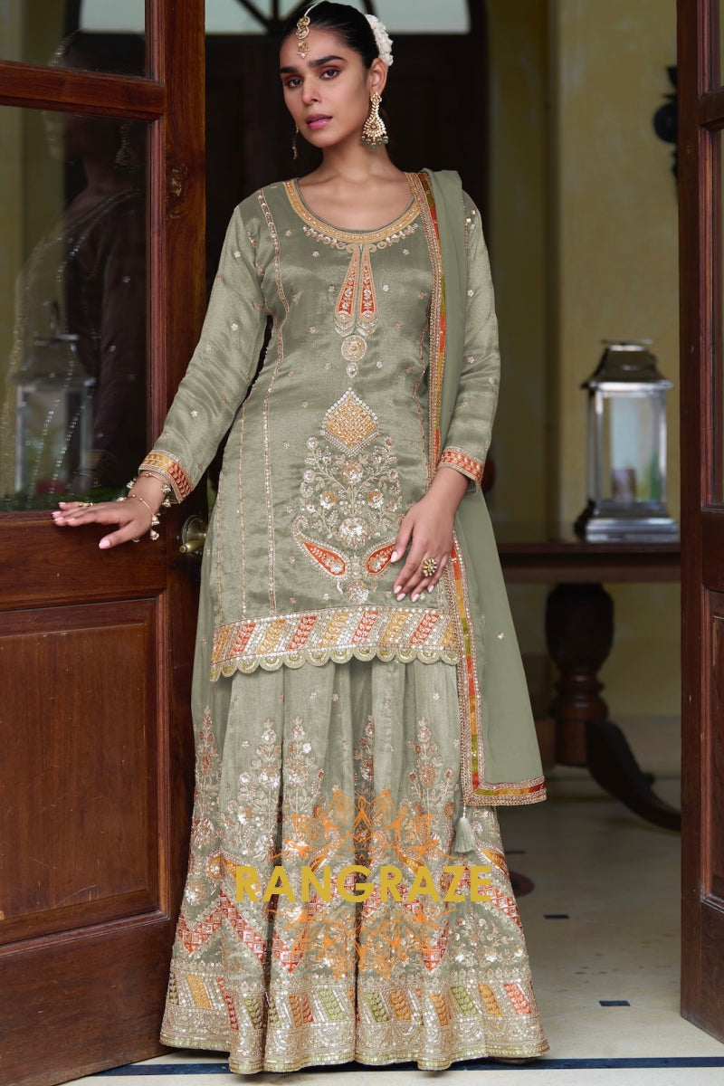 RangRaze Mehr-E-Zaitoon Fine Shimmer Silk Embroidered Sharara Suit Set