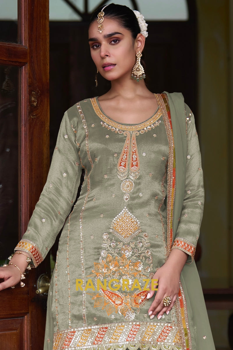 RangRaze Mehr-E-Zaitoon Fine Shimmer Silk Embroidered Sharara Suit Set