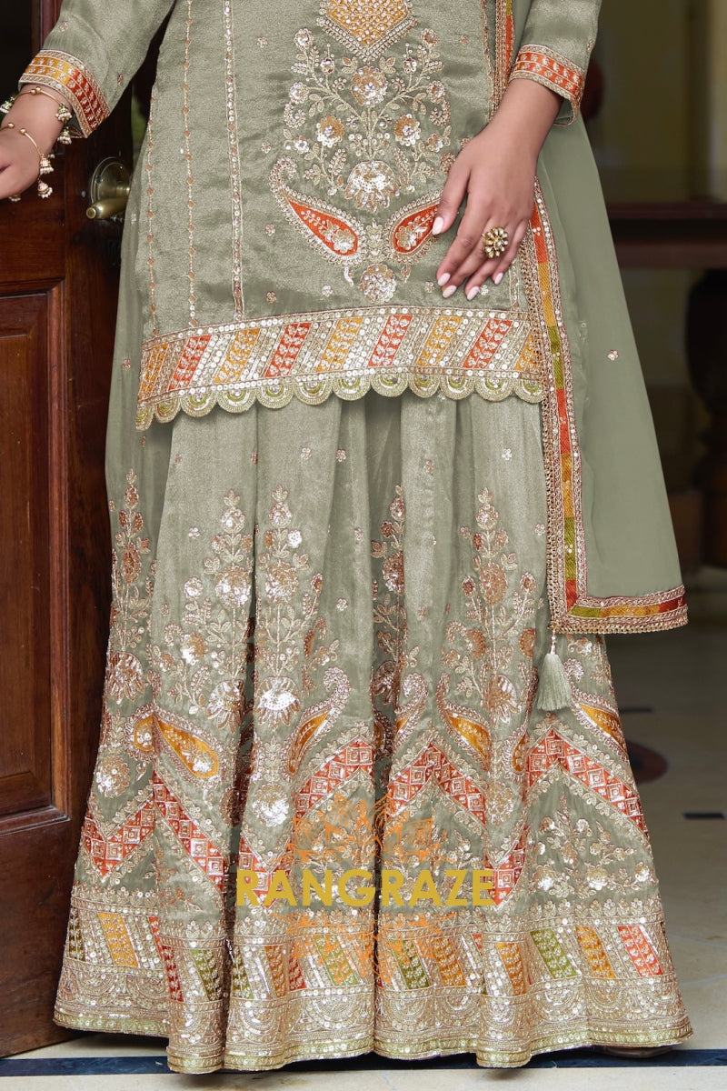 RangRaze Mehr-E-Zaitoon Fine Shimmer Silk Embroidered Sharara Suit Set