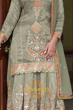 RangRaze Mehr-E-Zaitoon Fine Shimmer Silk Embroidered Sharara Suit Set