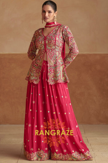 Ruby Red Embroidered Chinon Silk Sharara Set