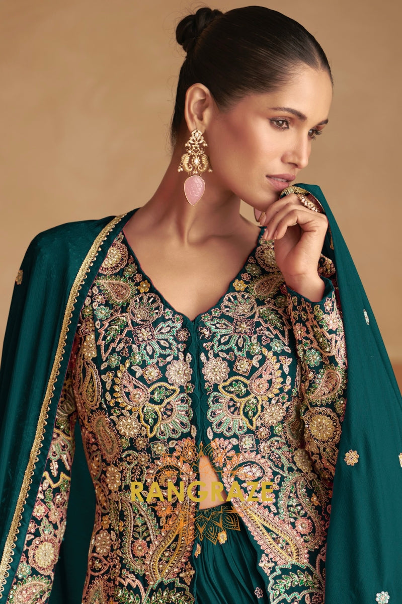 Emerald Green Embroidered Chinon Silk Sharara Suit Set