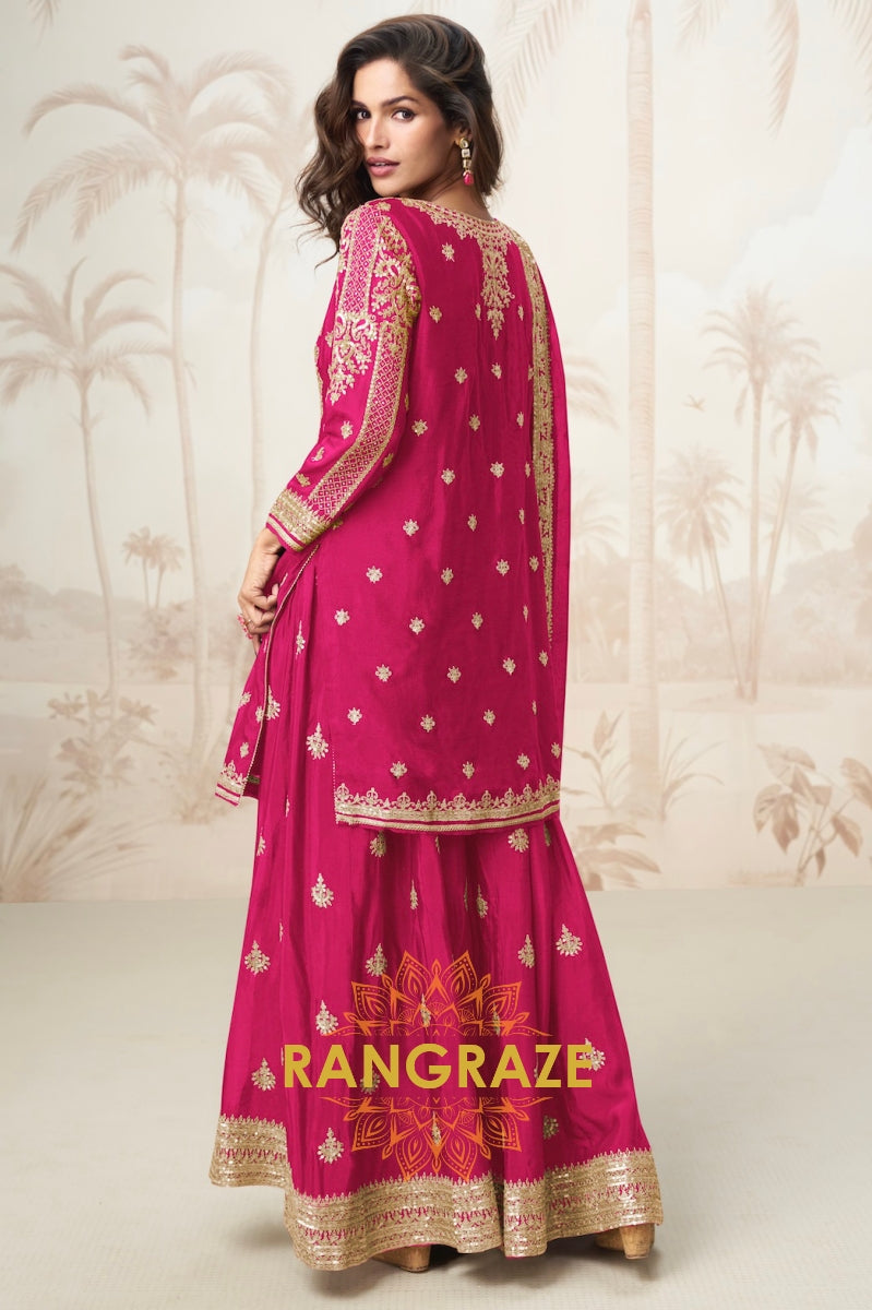 Radiant Rani Pink Embroidered Silk Skirt Suit Set