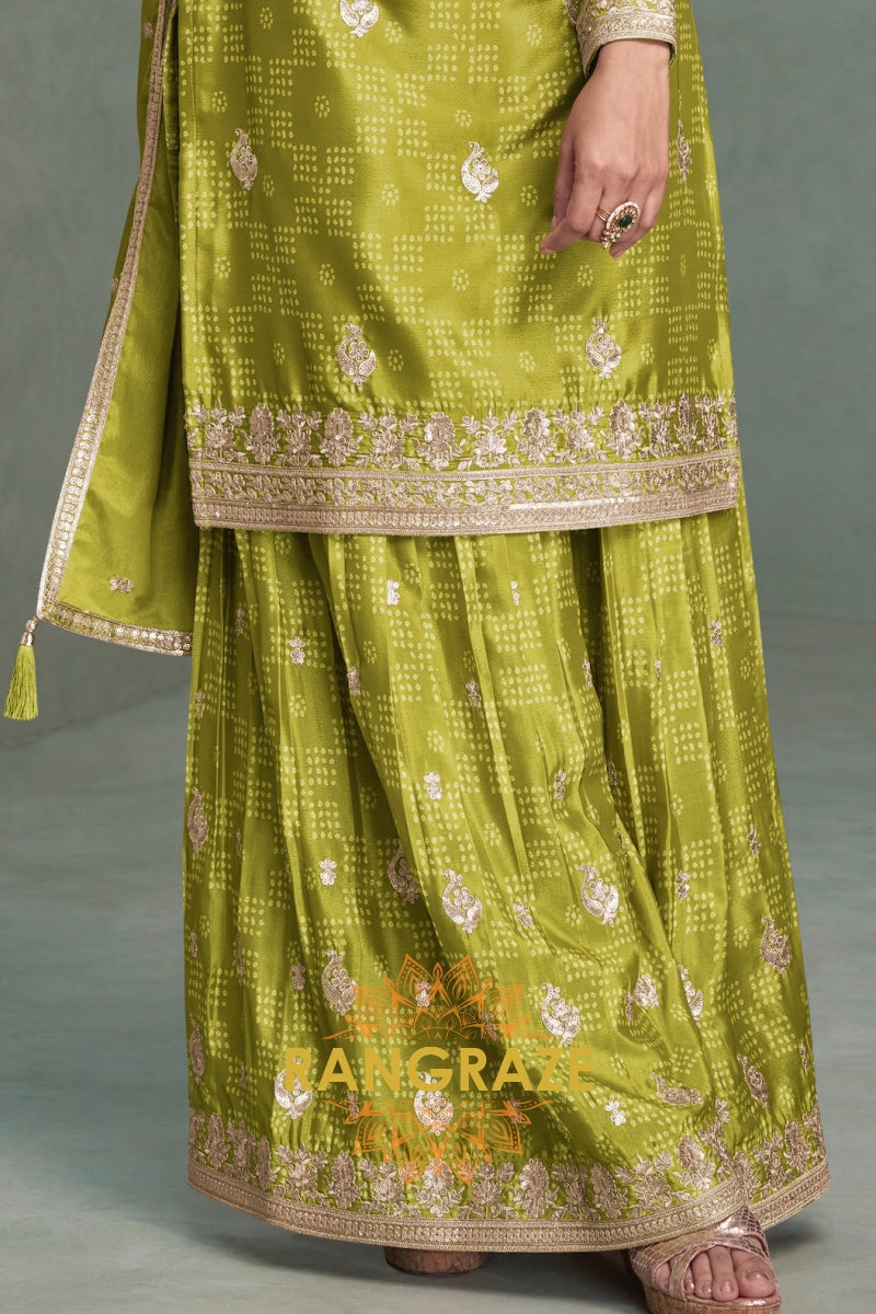 Olive Green Embroidered Silk Palazzo Suit Set