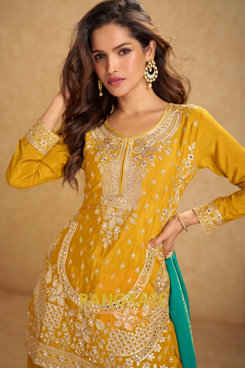 Marigold Yellow Embroidered Silk Palazzo Suit